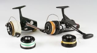 Reels (2): Abu Cardinal 66 green and cream fixed spool reel, two spare spools, leatherette case
