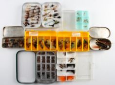 Good collection of fly boxes with salmon and trout flies (10) - 2x brass and copper fly boxes with