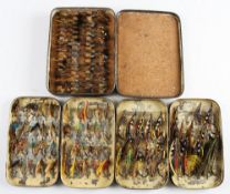 3x various black japanned early fly tins by Malloch, Hardy and one other: Malloch Perth clip fly tin