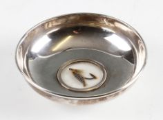 Early 20th C Inlaid Fishing Fly dish: silver jewellery dish hallmarked Chester 1909 - overall 4 1/8