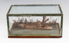 Carved Wooden Fishing Scene glass display case: featuring a Vic Thames Punt Angler moored in the