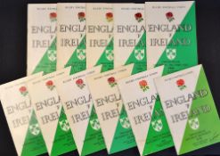 England v Ireland Rugby Programmes from 1960-80 (11): continuous run from 1960 to 1980, all at