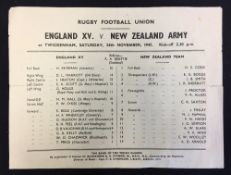 Scarce 1945 England XV v New Zealand Army Rugby programme: Single folded sheet for this Kiwis
