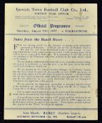 1937/1938 Pre-League Ipswich Town v Folkestone Southern League match programme. Slight fold, o/w
