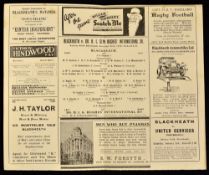 1936 Blackheath v Dr H L G Hughes' International XV Rugby Programme: Single folded card for this