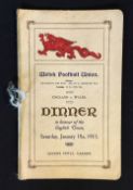 Rare 1913 Wales (Runners Up) v England (Grand Slam) rugby dinner menu: Held at Queens Hotel
