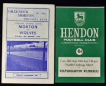 1962/1963 Floodlit challenge matches Hendon v Wolves (25 September) and Greenock Morton v Wolves (