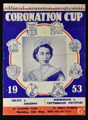 Coronation Cup double match programme Celtic v Arsenal, Hibernian v Tottenham Hotspur at Glasgow.