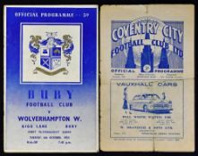 1953/1954 Bury v Wolverhampton Wanderers match programme (opening of floodlights) 6 October 1953 and