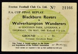 Very scarce 1960 FA Cup Final Replay match ticket Blackburn Rovers v Wolverhampton Wanderers dated