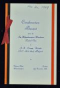 1959/1960 European Cup match Complimentary Banquet/Menu Wolverhampton Wanderers v Red Star