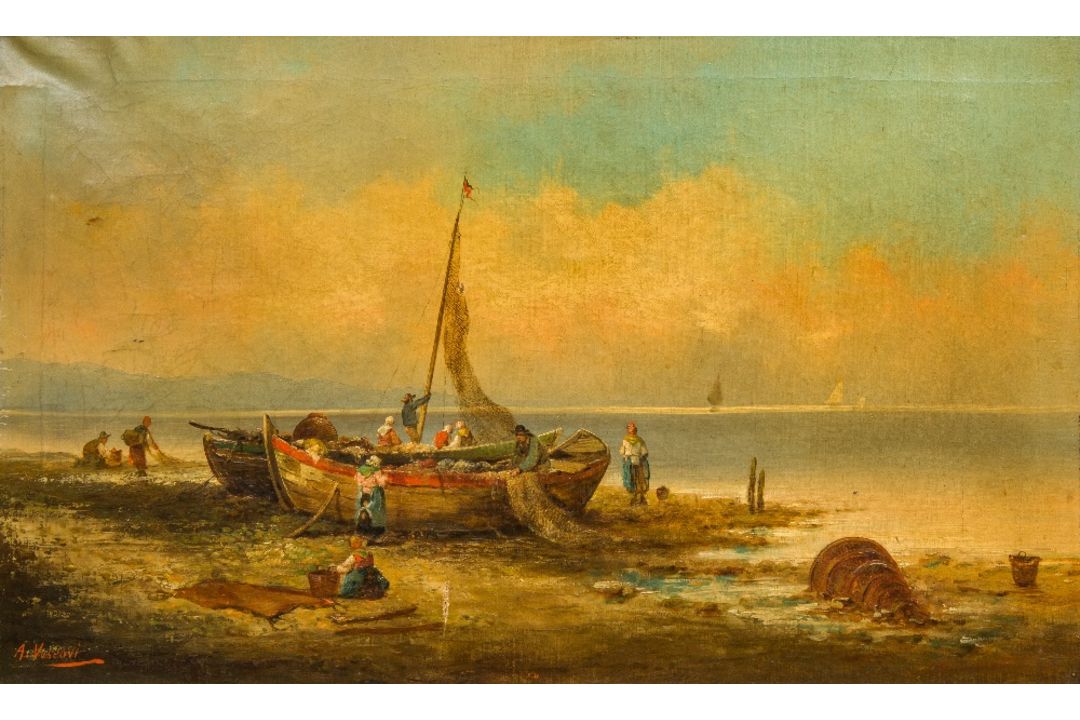 A VESCOVI (19th century) Italian Fisherfolk on a Shoreline Oils on canvas, signed, each framed. - Image 1 of 2