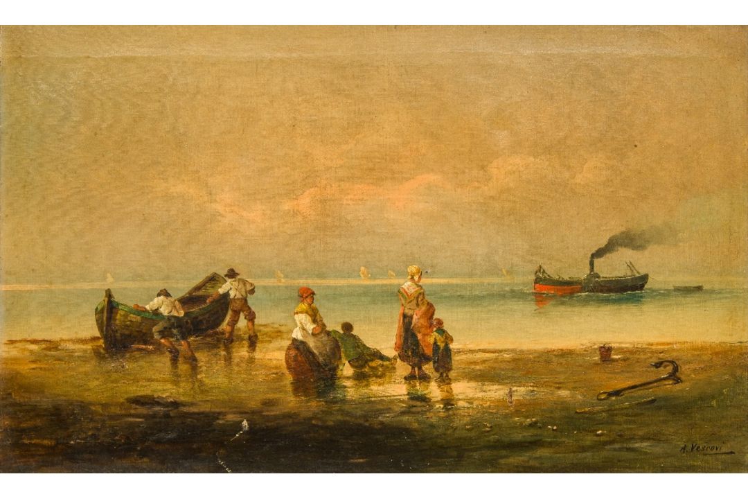 A VESCOVI (19th century) Italian Fisherfolk on a Shoreline Oils on canvas, signed, each framed. - Image 2 of 2