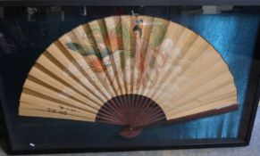 A large Japanese fan in bespoke display case, the ebonised frame,