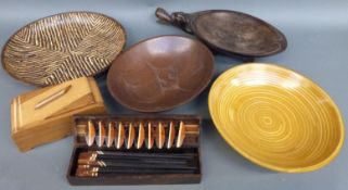 A collection of treen including turned mango wood bowls, Art Deco box,