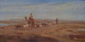Frederick Goodall RA (1822-1904) oil on canvas man on camel leading goats through a desert,