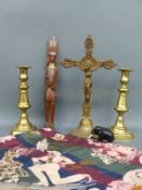 A brass crucifix (32cm tall) and a pair of candlesticks etc