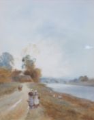 J.W Gozzard watercolour ladies walking by a river with bridge and cottage beyond, 37 x 29.