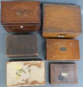 A collection of cased drawing sets including leather cased example and a tea caddy