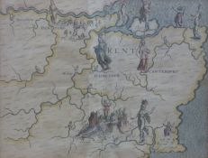 A framed 17thC hand coloured map of Kent by Michael Drayton (1563-1631),