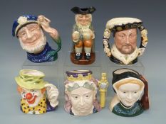 Six Royal Doulton large character and toby jugs The Clown, Henry VIII, Jane Seymour, Queen Victoria,