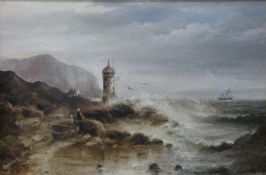 Oil on canvas of a lighthouse, boats and figures,