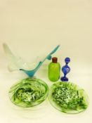 Five pieces of studio glassware including a large Murano abstract bowl (42cm tall) two green
