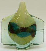 Mdina glass axe head vase with blue and green internal decoration and clear casing, 22x21cm.