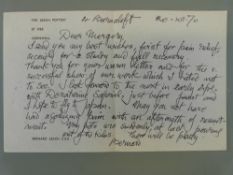 [Pottery] Bernard Leach CBE signed autograph letter to Margery (Parr) dated 20th December 1970 on