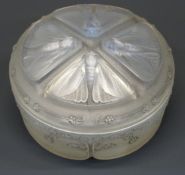 Lalique Quatre Papillons frosted glass box decorated with four moths to the lid,