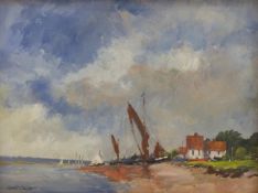 David Gapper watercolour beach scene with sailing boats,