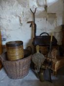 Wicker log basket, wicker metal bound stick stand with sticks, fireside implements, bellows,