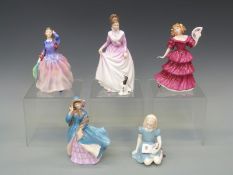 Five Royal Doulton figurines Blithe Morning, Good Companion, Delphine, Alice and Jennifer,