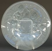 Jobling blue glass dish in Fir Cone pattern, 25cm in diameter.
