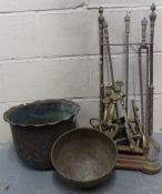 A 19thC fireside set, stand, dogs,
