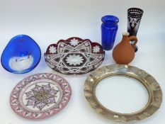 Seven pieces of decorative glassware and ceramics including a ruby flash overlaid cut glass vase