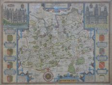 A framed 17thC John Speede hand coloured map of Surrey,