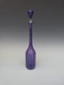 Fratelli Toso Canne Venetian glass bottle and stopper with red and blue striped decoration and
