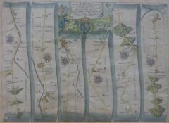 A framed 17thC hand coloured strip road map by John Ogilby (1600-1676),