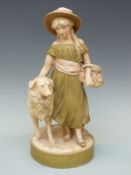 A Royal Dux figure of a girl holding a basket of flowers with a dog, triangle mark to base,