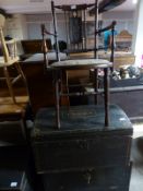 A 19thC stained pine domed trunk, a fall front tool chest with drawers,