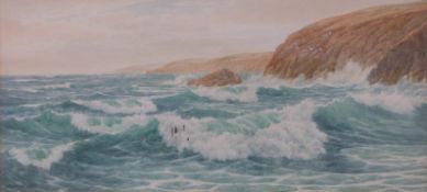Herbert H Bingley ABSW watercolour of a rough sea on the coast of Cornwall near Newquay thought to