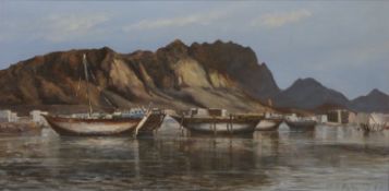 B S Alagily oil on board of boats with mountainous landscape behind,