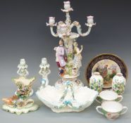 A collection of 19thC ceramics to include Dresden, candlesticks and matching basket,