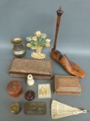 A quantity of collectables to include ivory monocular, carved boxes, 1916 wagon Metro plate,