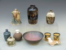 Ten pieces of studio pottery including a porcelain bowl by Colin Gerard, bird figure marked 'G',