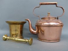 A brass pestle and mortar and a copper kettle