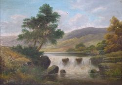 J L Bevan oil on board of a waterfall with hills beyond,