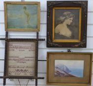 G E Perry print of young nude female standing in water together with a watercolour 'Duty Point,