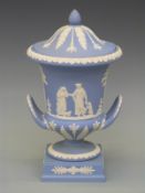 A Wedgwood Jasperware twin handled campana shaped vase/urn in box,